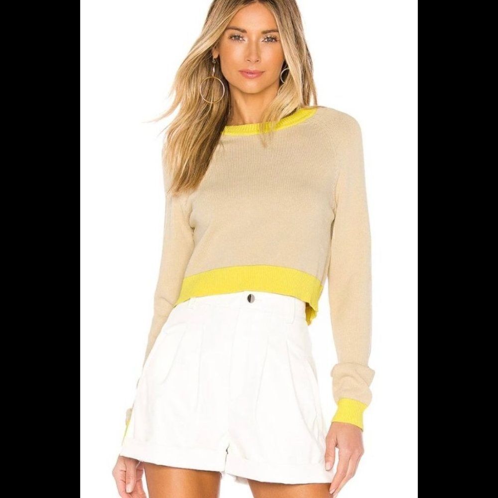 L'Academie LA Revolve Tan with Yellow Striping Cropped Sweater. Size Large. NWT